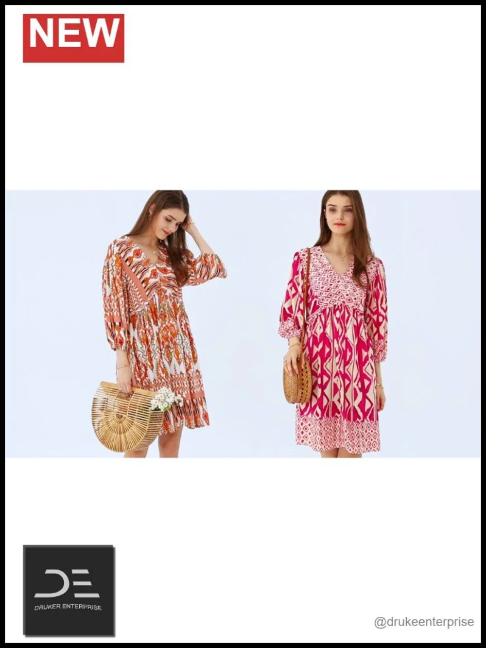 V Neck 3/4 Sleeve Ruffle Floral Flowy Boho Babydoll Mini Dress